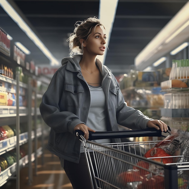 Uma mulher de pé em um supermercado empurrando um carrinho de compras à luz do dia