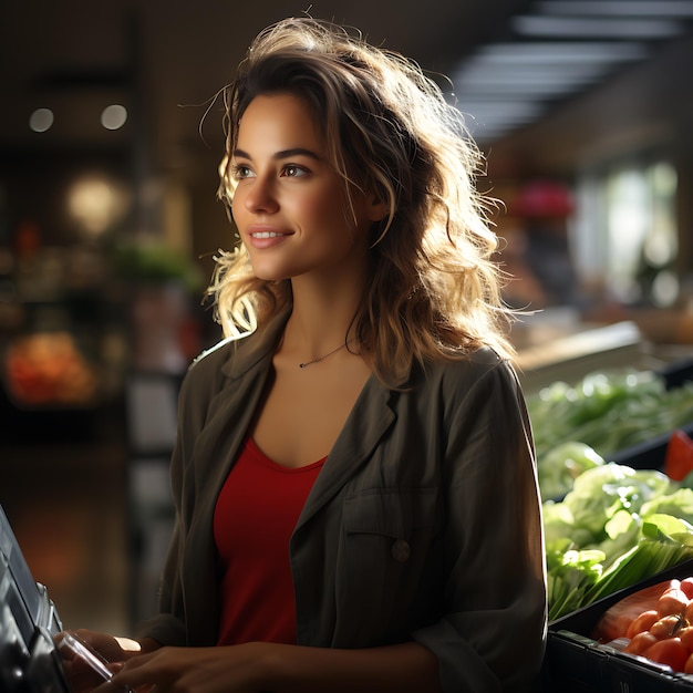 Uma mulher de pé em um supermercado empurrando um carrinho de compras à luz do dia