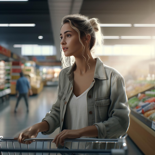 Uma mulher de pé em um supermercado empurrando um carrinho de compras à luz do dia