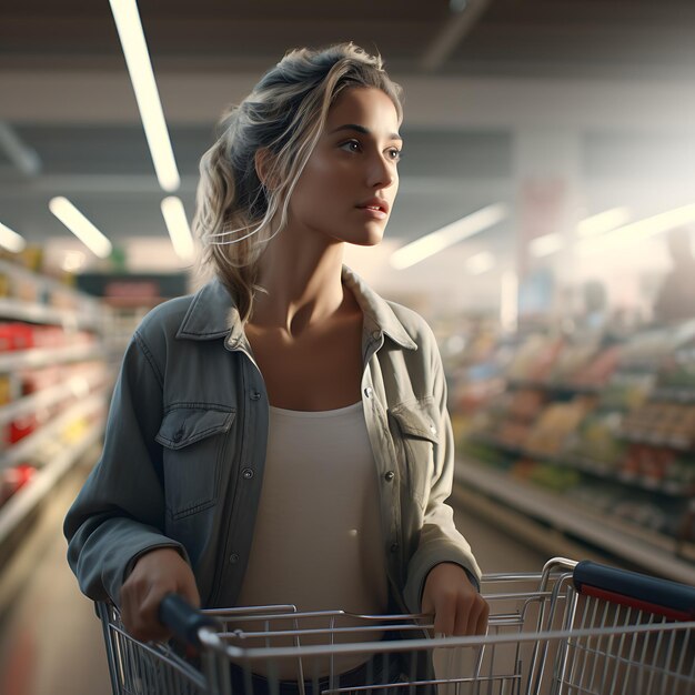 Uma mulher de pé em um supermercado empurrando um carrinho de compras à luz do dia