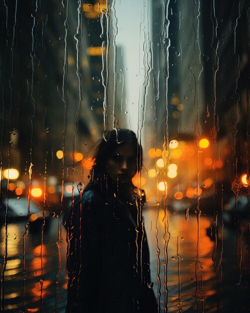 Foto uma mulher de pé na chuva com uma gota de chuva na cabeça