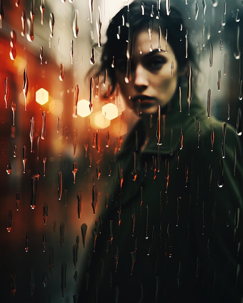 Foto uma mulher de pé na frente de gotas de chuva em uma janela