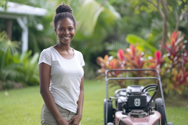 Foto uma mulher de pé na frente de um cortador de grama