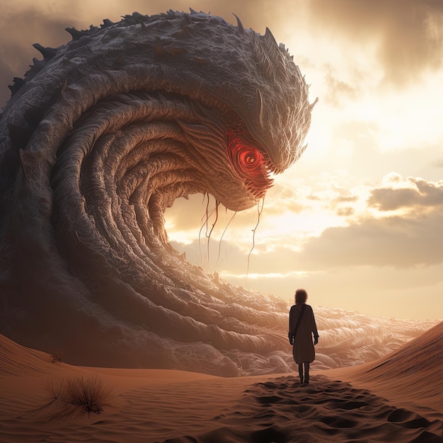 Foto uma mulher de pé na frente de um monstro gigante com um olho vermelho
