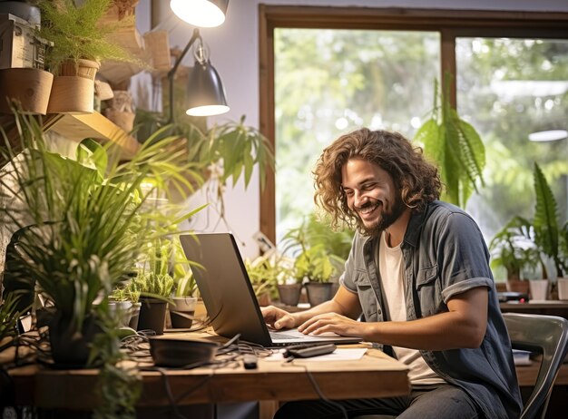 Foto uma mulher de pé na mesa do escritório com livros e plantas na mesa