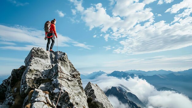 Uma mulher de pé no cume de uma montanha ela está vestindo um casaco vermelho e uma mochila a vista do cume é deslumbrante