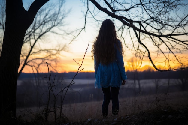 uma mulher de pé no meio de um campo ao pôr do sol