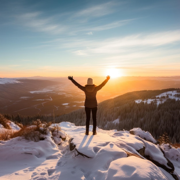 Uma mulher de pé no topo de uma montanha com os braços estendidos e o rosto virado para o sol