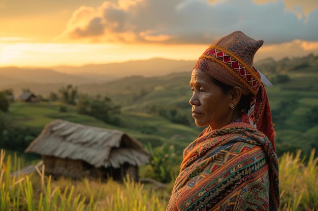 Foto uma mulher de pé num campo com um pôr-do-sol no fundo