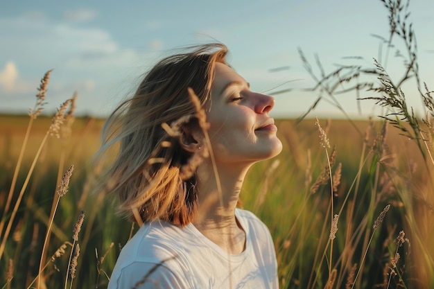 Foto uma mulher de pé num campo de grama alta