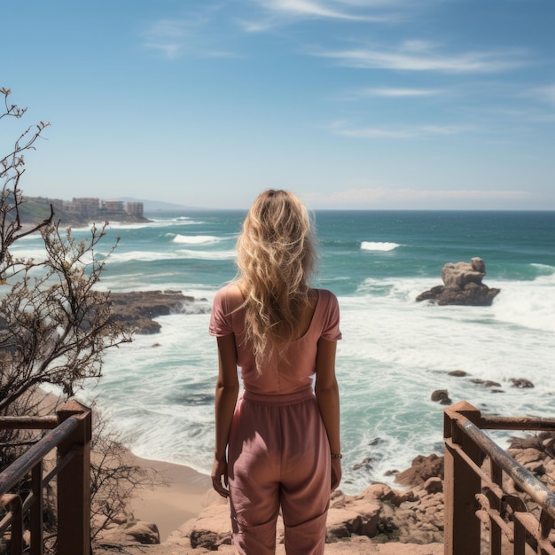 uma mulher de pé num penhasco rochoso com vista para o oceano