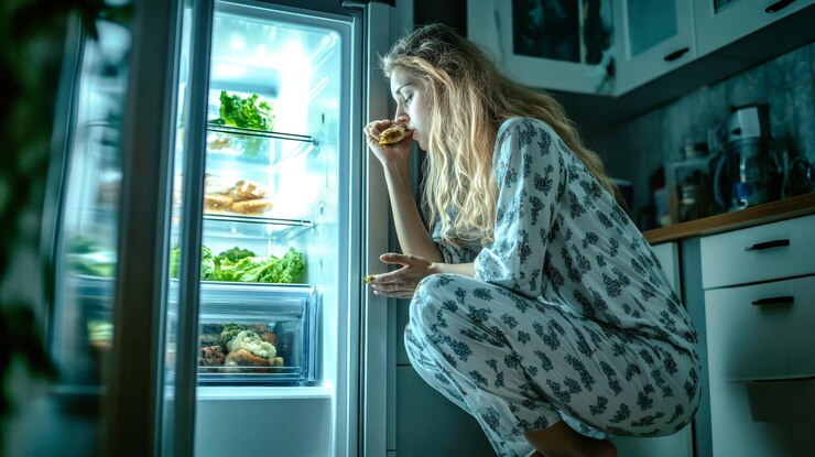 Foto uma mulher de pijama agachada perto da geladeira aberta à noite desfrutando de um lanche à meia-noite enquanto está cercada por comida fresca e iluminação de cozinha fraca