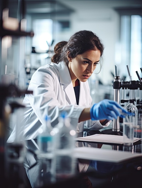 uma mulher de química trabalhando diligentemente no laboratório concentra-se na tarefa em questão com produtos químicos de tubo de ensaio