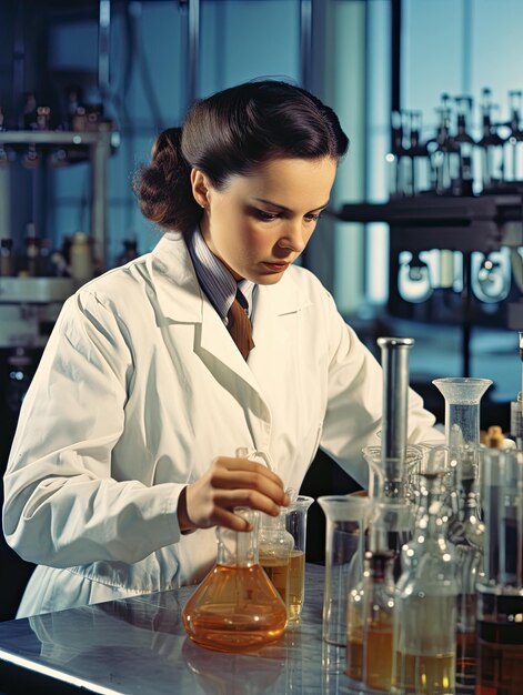 uma mulher de química trabalhando diligentemente no laboratório concentra-se na tarefa em questão com produtos químicos de tubo de ensaio