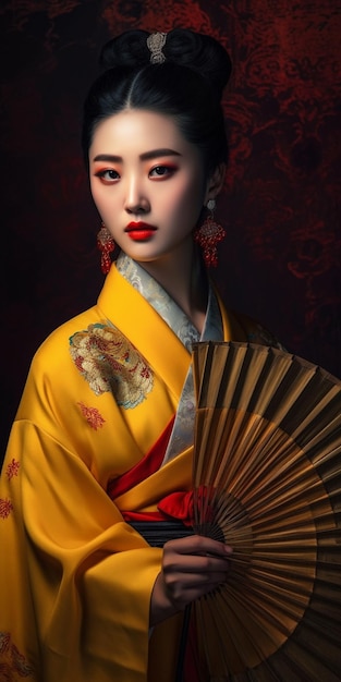 Uma mulher de quimono amarelo com um leque na cabeça.