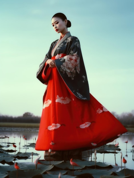 Uma mulher de quimono está em pé sobre uma rocha em frente a um lago com barcos ao fundo.