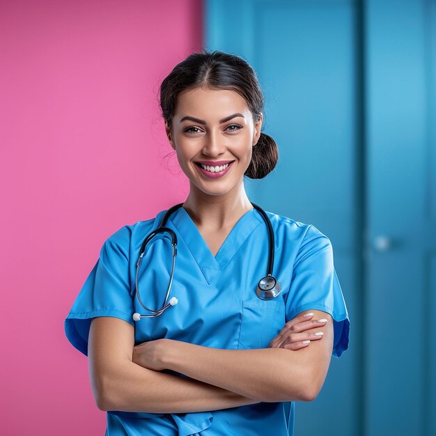 uma mulher de roupa azul com um estetoscópio no pescoço