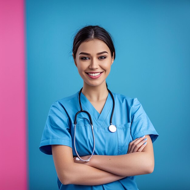 uma mulher de roupa azul com um estetoscópio no pescoço