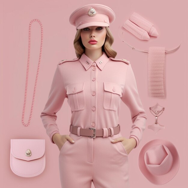 uma mulher de roupa rosa com um chapéu na cabeça e um chapéu rosa com um anel na frente