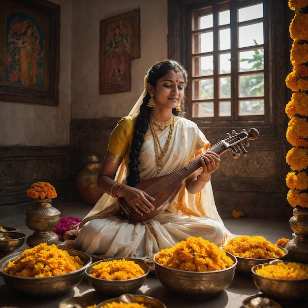 Foto uma mulher de roupa tradicional indiana senta-se no chão cercada de flores amarelas e grandes tigelas