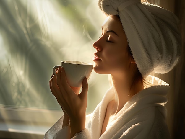 Uma mulher de roupão de banho com uma toalha na cabeça desfruta de um café matinal ao sol