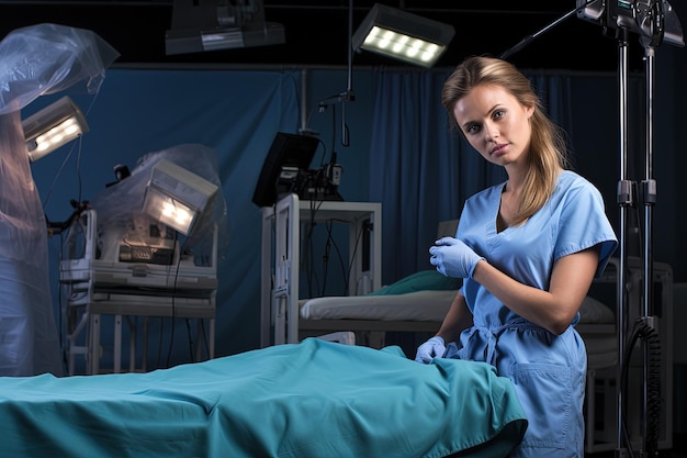 Foto uma mulher de roupão de pé ao lado de uma cama de hospital