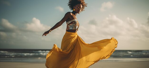 Foto uma mulher de saia amarela dança na praia.