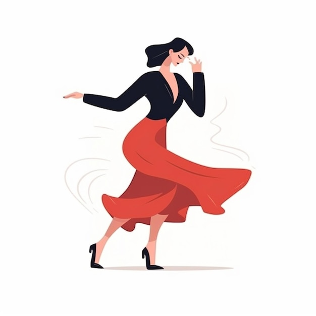 uma mulher de saia vermelha está dançando com as mãos estendidas