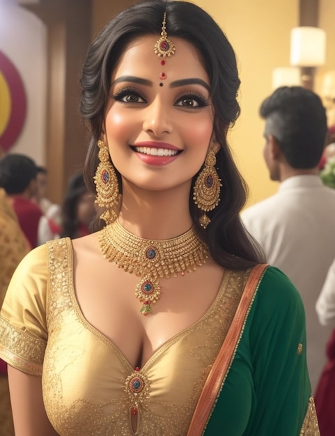 Uma mulher de sari com um sorriso no rosto.
