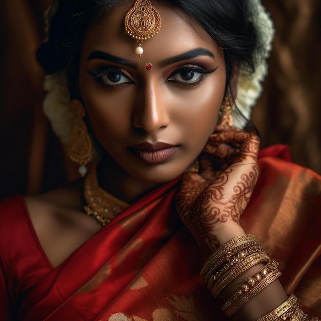 Uma mulher de sari vermelho com um anel de ouro na mão esquerda.