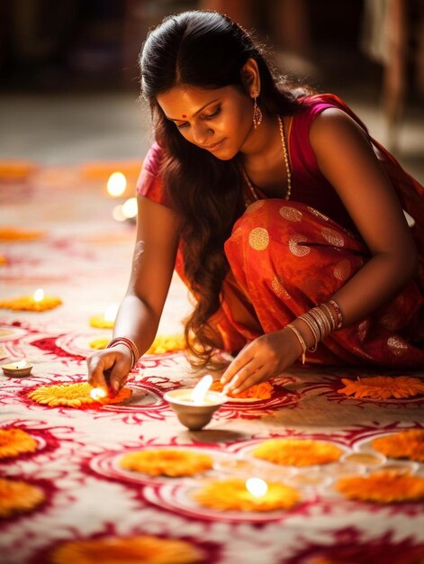 Foto uma mulher de sari vermelho está acendendo velas no chão