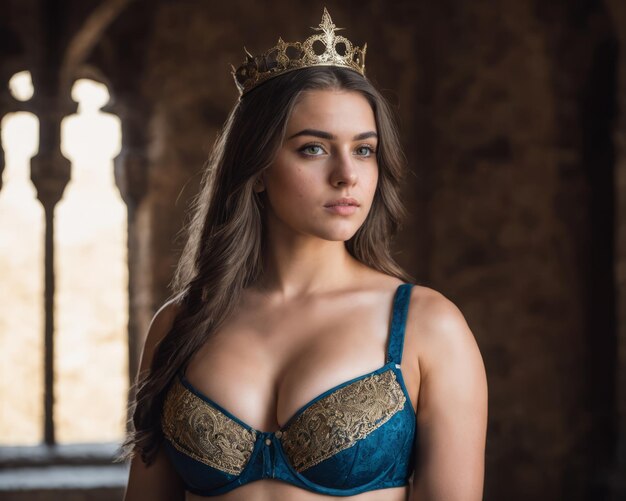 Uma mulher de sutiã azul com uma coroa na cabeça