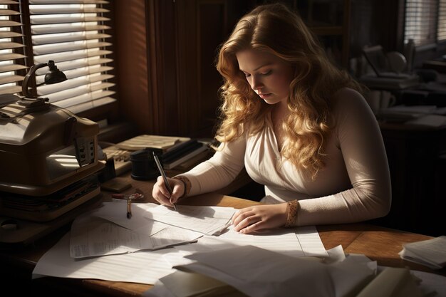 Foto uma mulher de tamanho maior escrevendo papéis e notas em uma mesa