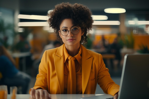 Uma mulher de terno amarelo está sentada em uma mesa com um laptop