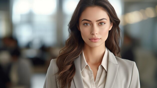 Uma mulher de terno com uma camisa de cor clara.