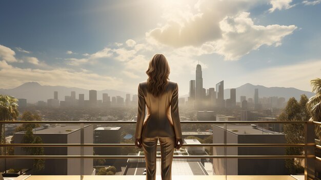 Foto uma mulher de terno dourado está em uma varanda com vista para uma paisagem urbana