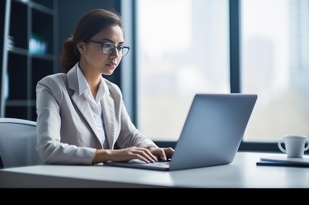 Uma mulher de terno está digitando em um laptop