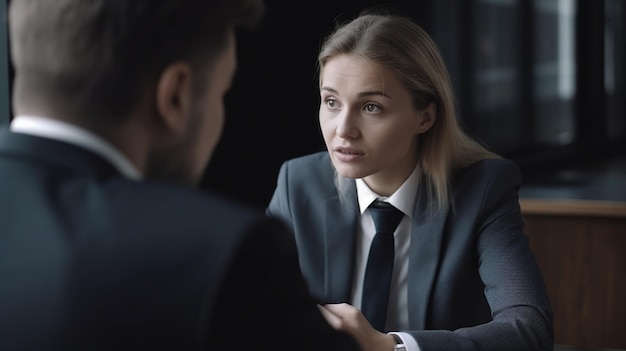 Uma mulher de terno fala com um homem de terno.