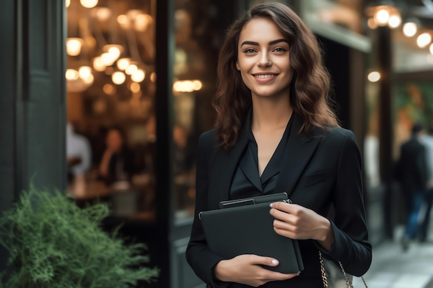 Uma mulher de terno preto está do lado de fora de um restaurante segurando um tablet.