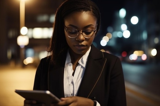 Uma mulher de terno preto está usando um tablet enquanto olha para o telefone.