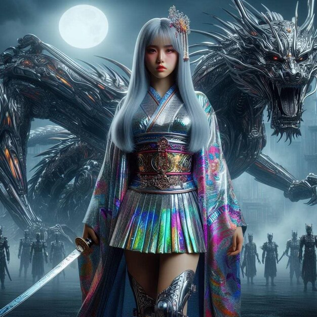 uma mulher de traje com uma espada na frente de um dragão