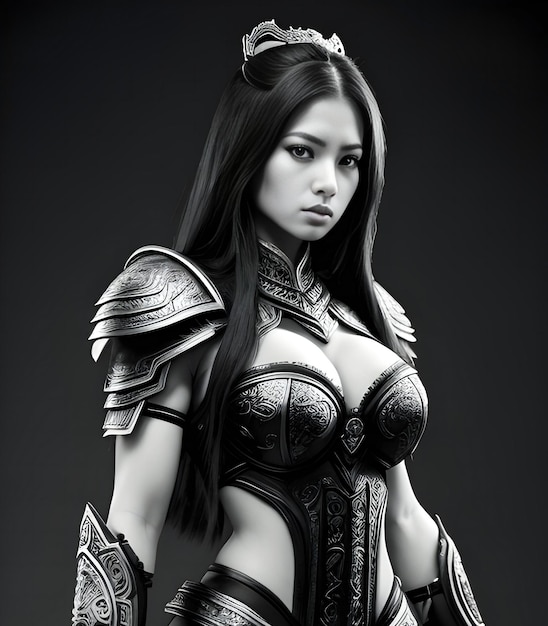 uma mulher de traje com uma espada no peito