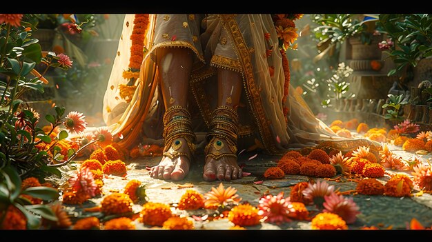 Uma mulher de traje indiano está caminhando entre flores.