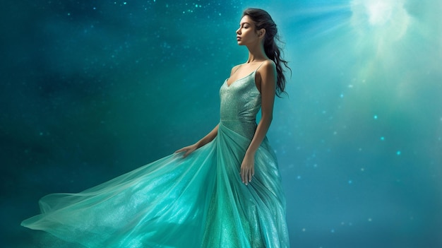 uma mulher de um longo vestido verde com uma longa saia fluída está em frente a um fundo azul com as estrelas.
