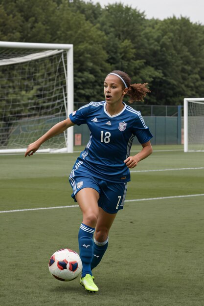 uma mulher de uniforme azul a chutar uma bola de futebol