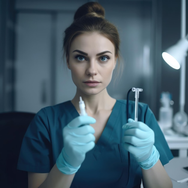 Uma mulher de uniforme azul e boné está segurando uma seringa
