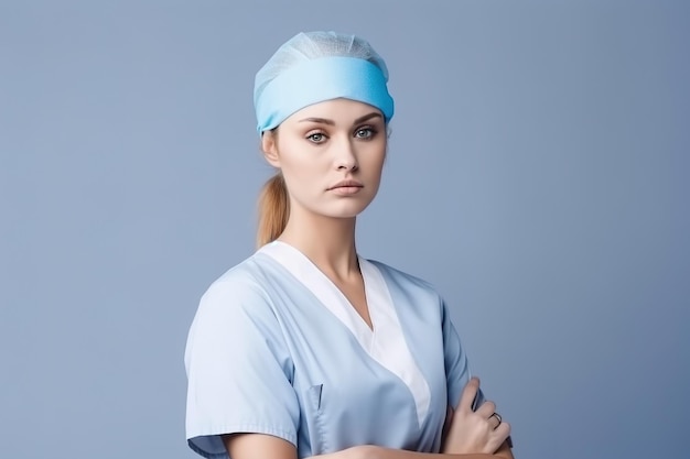 Uma mulher de uniforme azul e um uniforme azul fica com os braços cruzados.