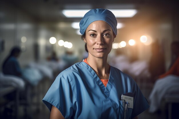 Uma mulher de uniforme azul está em um quarto escuro com uma cama de hospital ao fundo.