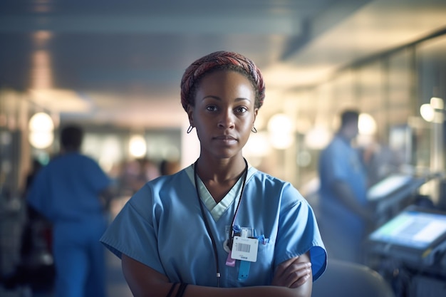 Uma mulher de uniforme azul está em uma sala com outras pessoas ao fundo.