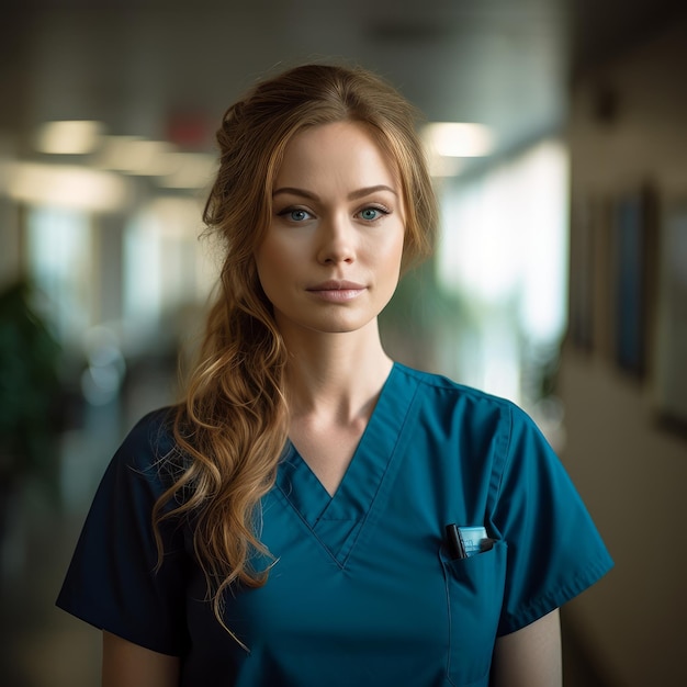 Uma mulher de uniforme azul está parada em um corredor.